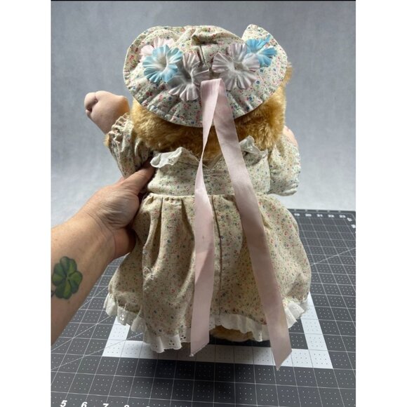 Vintage 1980s Cuddle Wit Bear Plush Doll With Floral Dress & Bonnet - Picture 6 of 10